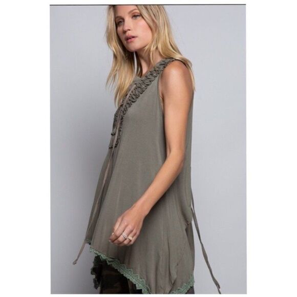 tunic Top with Ruffled Lace Up Olive Sleeveless - Picture 4 of 15